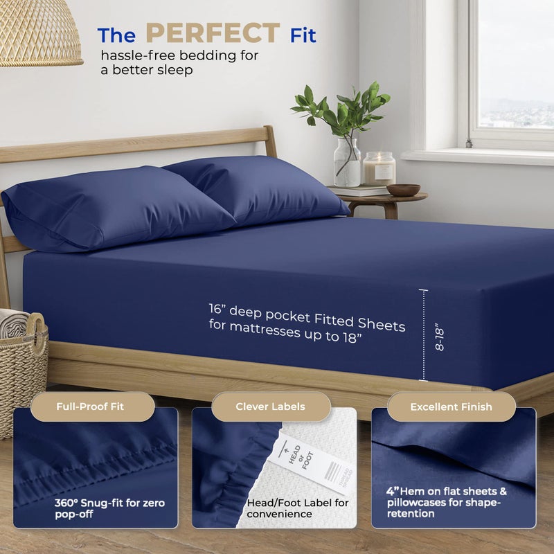 THREAD SPREAD 100% Cotton Queen Sheets Set - 400 Thread Count Queen Size Sheets (4 PC, Navy Blue), 16" Deep Pocket All Around Elastic, Soft, Cooling, Durable & Breathable Sateen Weave Bed Sheet Set - Image 4